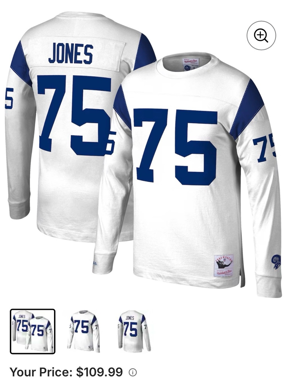Jones #75 White & Blue Long-Sleeve Football Jersey nwt